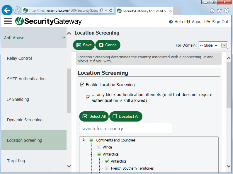 使用Security Gateway中的电子邮件进行位置筛选来阻止来自未授权国家的电子邮件